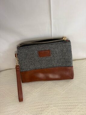 Punch Studio Black & White Herringbone Wristlet with Brown Trim